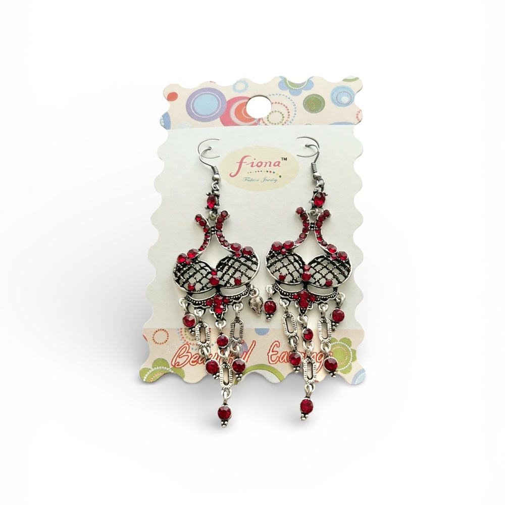 NWT Fiona Red Rhinestone Chandelier Drop Earrings
